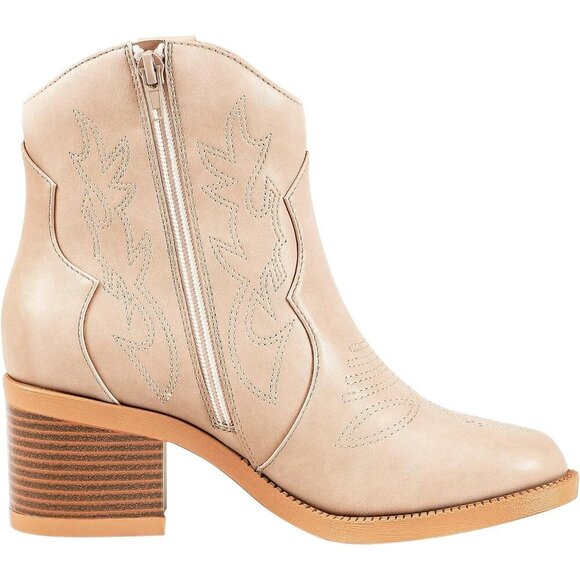 Women's Polyurethane Blush Embroidered Round Toe Short Ankle Chunky Heel Boots - Picture 6 of 7